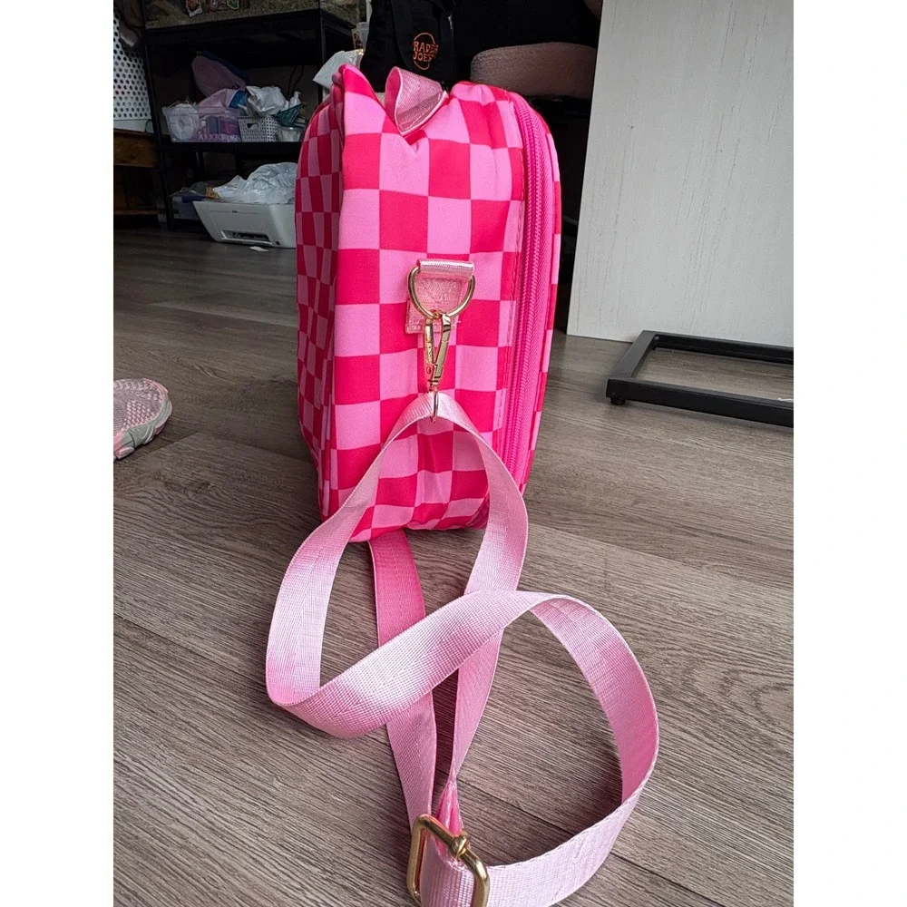 Pink Checkered Insulated Lunch Bag Chenille Patch Adjustable Strap